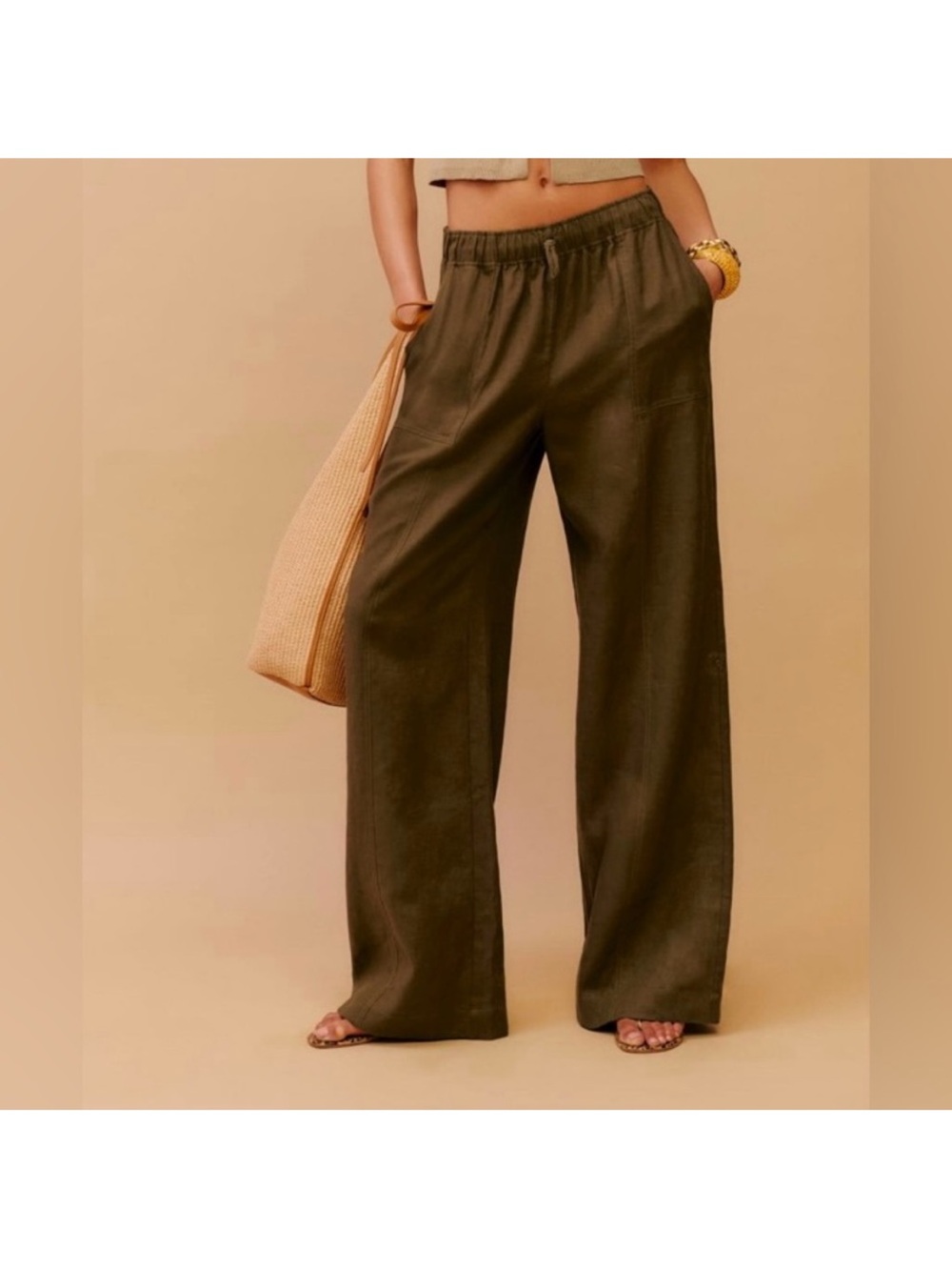 Reformation Olive Wide-Leg Drawstring Linen Pants